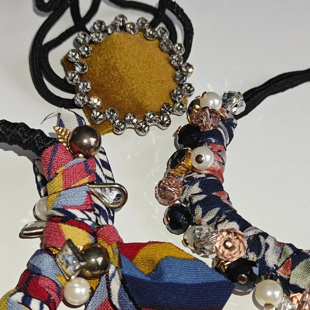Handmade Beaded Rhinestone Hair Tie Set 3pc Velvet Bow Ribbon Multicolor Womens